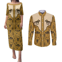 Cowboy Couples Matching Puletasi and Long Sleeve Button Shirt Horse Riding Retro Western Yoke Beige - Wonder Print Shop