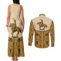 Cowboy Couples Matching Tank Maxi Dress and Long Sleeve Button Shirt Horse Riding Retro Western Yoke Beige - Wonder Print Shop