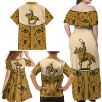 Cowboy Family Matching Off Shoulder Maxi Dress and Hawaiian Shirt Horse Riding Retro Western Yoke Beige - Wonder Print Shop