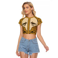 Cowboy Raglan Cropped T Shirt Horse Riding Retro Western Yoke Beige - Wonder Print Shop