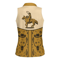 Cowboy Women Sleeveless Polo Shirt Horse Riding Retro Western Yoke Beige - Wonder Print Shop
