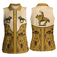 Cowboy Women Sleeveless Polo Shirt Horse Riding Retro Western Yoke Beige - Wonder Print Shop