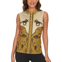 Cowboy Women Sleeveless Polo Shirt Horse Riding Retro Western Yoke Beige - Wonder Print Shop