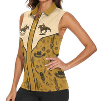 Cowboy Women Sleeveless Polo Shirt Horse Riding Retro Western Yoke Beige - Wonder Print Shop