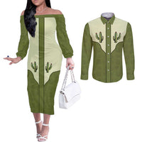 Cowboy Couples Matching Off The Shoulder Long Sleeve Dress and Long Sleeve Button Shirt Cactus Retro Western Yoke - Wonder Print Shop