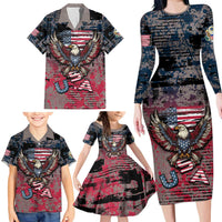 Personalized Patriotic Rebel American Family Matching Long Sleeve Bodycon Dress and Hawaiian Shirt Grunge USA Eagle Flag - Wonder Print Shop