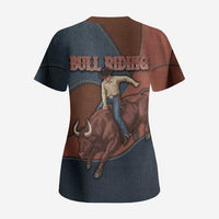 Bull Riding Scrub Top Western Cowboy Denim And Leather Effect