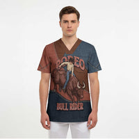 Bull Riding Scrub Top Western Cowboy Denim And Leather Effect