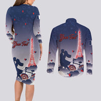 Personalized France Couples Matching Long Sleeve Bodycon Dress and Long Sleeve Button Shirt Eiffel For Him - Wonder Print Shop
