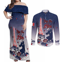Personalized France Couples Matching Off Shoulder Maxi Dress and Long Sleeve Button Shirt Eiffel For Him - Wonder Print Shop