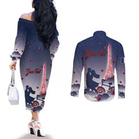 Personalized France Couples Matching Off The Shoulder Long Sleeve Dress and Long Sleeve Button Shirt Eiffel For Him - Wonder Print Shop