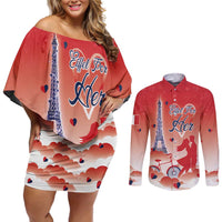 Personalized France Couples Matching Off Shoulder Short Dress and Long Sleeve Button Shirt Eiffel For Her - Wonder Print Shop