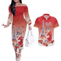 Personalized France Couples Matching Off The Shoulder Long Sleeve Dress and Hawaiian Shirt Eiffel For Her - Wonder Print Shop