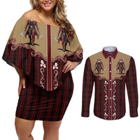 Western Yoke Couples Matching Off Shoulder Short Dress and Long Sleeve Button Shirt Black Santa Cowboy Retro Style - Wonder Print Shop