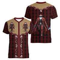 Western Yoke Women V-Neck T-Shirt Black Santa Cowboy Retro Style - Wonder Print Shop