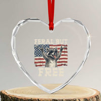 Feral But Free Funny Raccoon Patriotic Heart Crystal Glass Ornament Cool American Flag Sunglasses Rock On Hand Signs Vintage USA Flag