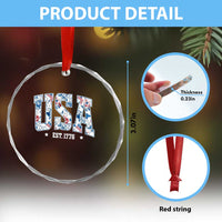 Floral USA Crystal Glass Ornament Est 1776 Patriotic American Girl 4th of July TS10
