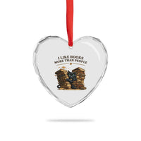 Funny Black Cat Bookworm Quote Heart Crystal Glass Ornament I Like Books More Than People