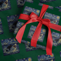 Funny Cat Biting Shark Starry Night Inspired Art Wrapping Paper Roll