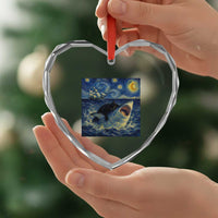Funny Cat Biting Shark Starry Night Inspired Art Heart Crystal Glass Ornament