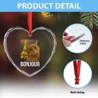 Funny Cat Bonjour Heart Crystal Glass Ornament Paris France Eiffel Tower Orange Cat Meme - Wonder Print Shop