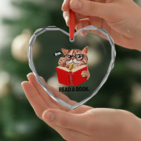 Funny Cat Reading Heart Crystal Glass Ornament Book Lover - Wonder Print Shop
