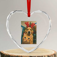 Funny Cat With Dog Selfie Christmas Heart Crystal Glass Ornament Pet Lover Xmas Gift - Wonder Print Shop