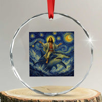 Funny Christian Jesus Riding Hammerhead Shark Crystal Glass Ornament Starry Night Inspired Art