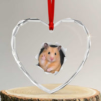 Funny Curious Hamster Peeking Through A Cracked Wall Meme Heart Crystal Glass Ornament