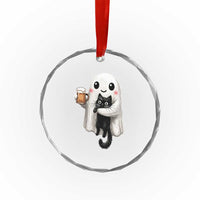 Funny Halloween Crystal Glass Ornament Cute Ghost Holding Black Cat Drinking Beer
