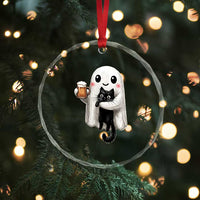 Funny Halloween Crystal Glass Ornament Cute Ghost Holding Black Cat Drinking Beer