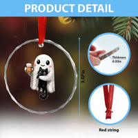 Funny Halloween Crystal Glass Ornament Cute Ghost Holding Black Cat Drinking Beer