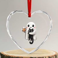 Funny Halloween Heart Crystal Glass Ornament Cute Ghost Holding Black Cat Drinking Beer