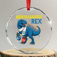 Funny Hanukkah Dinosaur With Dreidel Menorah Pun Gift Crystal Glass Ornament Menorasaurus Rex - Wonder Print Shop
