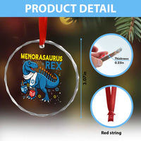 Funny Hanukkah Dinosaur With Dreidel Menorah Pun Gift Crystal Glass Ornament Menorasaurus Rex TS12
