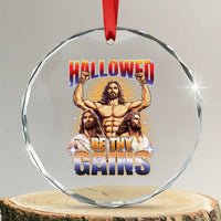 Funny Muscle Jesus Workout Crystal Glass Ornament Hallowed Be Thy Gains Weightlifting Humor TS11