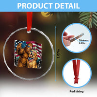 Funny Patriotic Bigfoot Golden Retriever Selfie Squad Crystal Glass Ornament