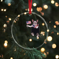 Funny Patriotic French Bulldog in Pocket Graphic Crystal Glass Ornament Cute Frenchie Waving US Flag Sunglasses Faux Summer