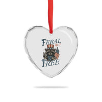 Funny Raccoon Patriotic Heart Crystal Glass Ornament Feral But Free 4th Of July American Flag - Wonder Print Shop