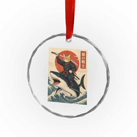 Funny Samurai Cat Riding Shark Crystal Glass Ornament Vintage Japanese Ukiyoe