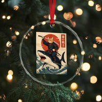 Funny Samurai Cat Riding Shark Crystal Glass Ornament Vintage Japanese Ukiyoe