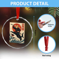 Funny Samurai Cat Riding Shark Crystal Glass Ornament Vintage Japanese Ukiyoe