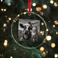 Funny Santa Selfie with Cow Christmas Crystal Glass Ornament - Wonder Print Shop