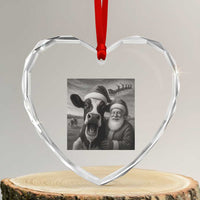 Funny Santa Selfie with Cow Christmas Heart Crystal Glass Ornament - Wonder Print Shop