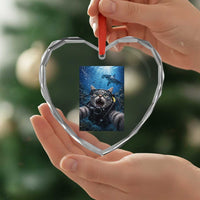 Funny Scuba Diving Cat Selfie With Hammerhead Shark Heart Crystal Glass Ornament