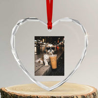 Funny Shih Tzu Drinking Iced Coffee Heart Crystal Glass Ornament Vintage Dog Lover