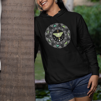 Women's black moth mandala hoodie with front pocket and drawstring hood, side view.