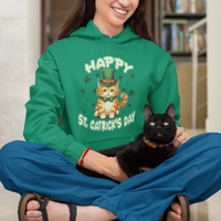 Green St. Patrick's Day lucky cat hoodie with hood and front shamrock graphic, modeled