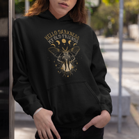 Women's black hooded sweatshirt with moth graphic and front kangaroo pocket, drawstring hood