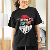 Black crew-neck T-shirt with Christmas in July Santa face graphic